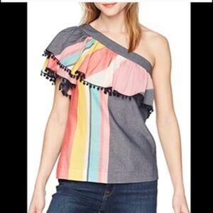 Trina Turk One Shoulder Los Angeles Colorful Striped Pompom Top Size XL